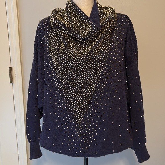 Vtg 80s Bonnie Boerer & Company Beaded Navy Blue Cowl Neck Sweater - Picture 4 of 9